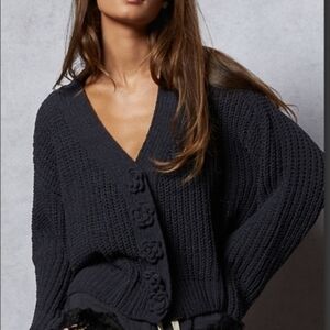 POL Chunky V-Neck Flower Button Front Chenille Cardigan- Black